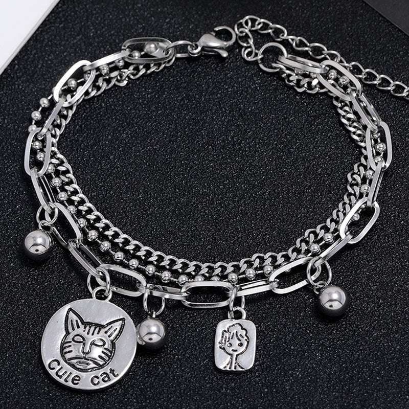 Korean Stainless Steel Elephant Pendant Double Layer Bracelet