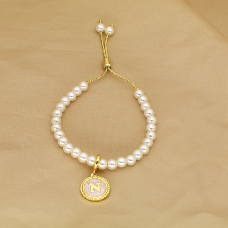 18K Gold Plated Adjustable Letter Pendant Imitation Pearl Bracelet