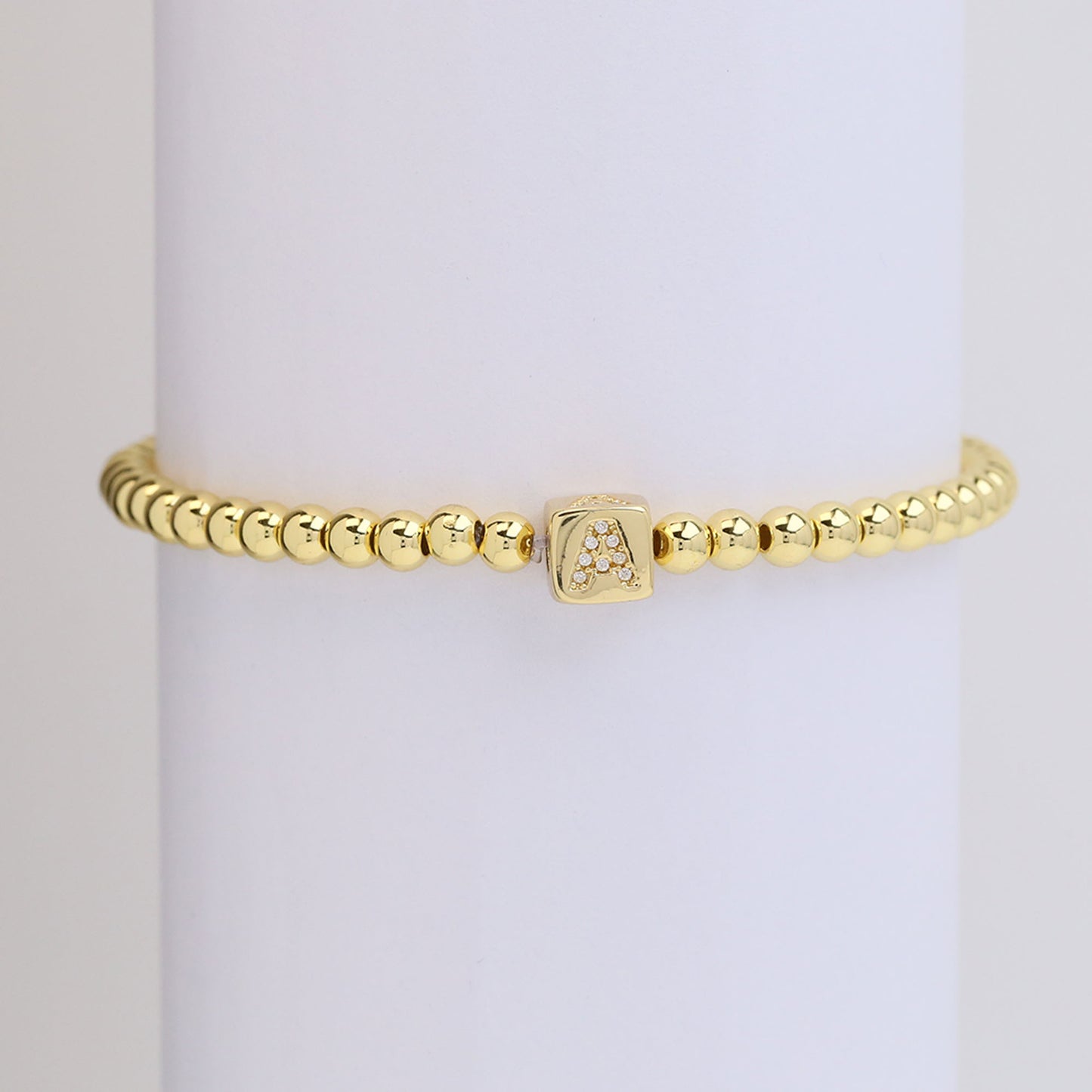 18k Gold Plated Copper Letter Zircon Beaded Stretch Bracelet