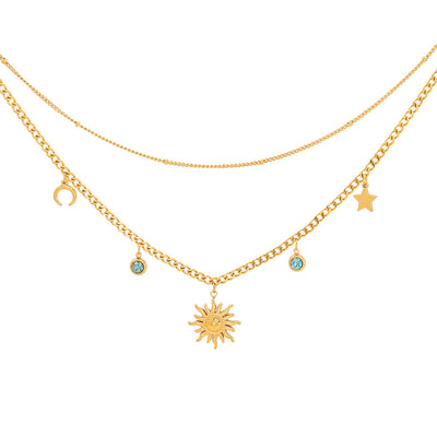 18K Gold Plated Floral Shell Glass Double Layer Necklace with Star and Moon Charm