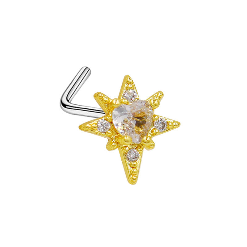 1 Piece Nose Rings & Studs IG Style Retro Star Starry Sky Flower 316 Stainless Steel  Alloy Hollow Out Inlay Glass Gold Plated Nose Rings & Studs