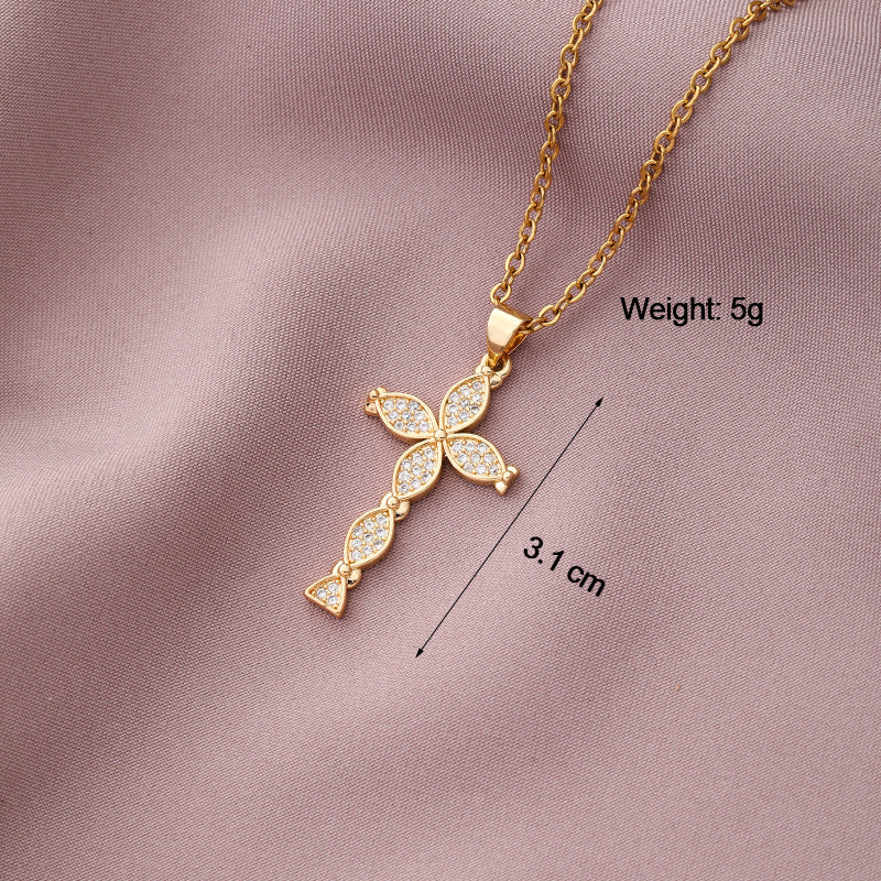 Copper Plated Zircon Cross Pendant Necklace for Men and Women