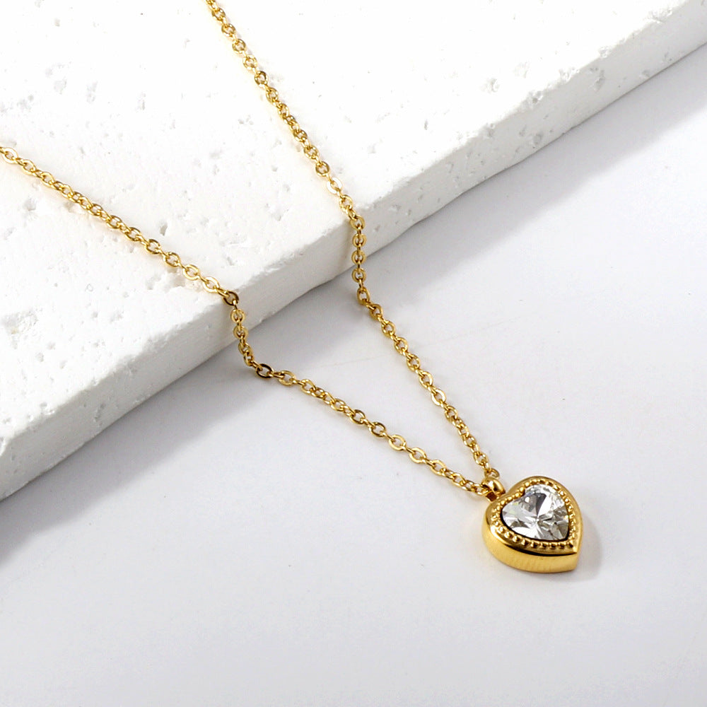 Fashion Heart Shape Stainless Steel Gold Plated Zircon Pendant Necklace