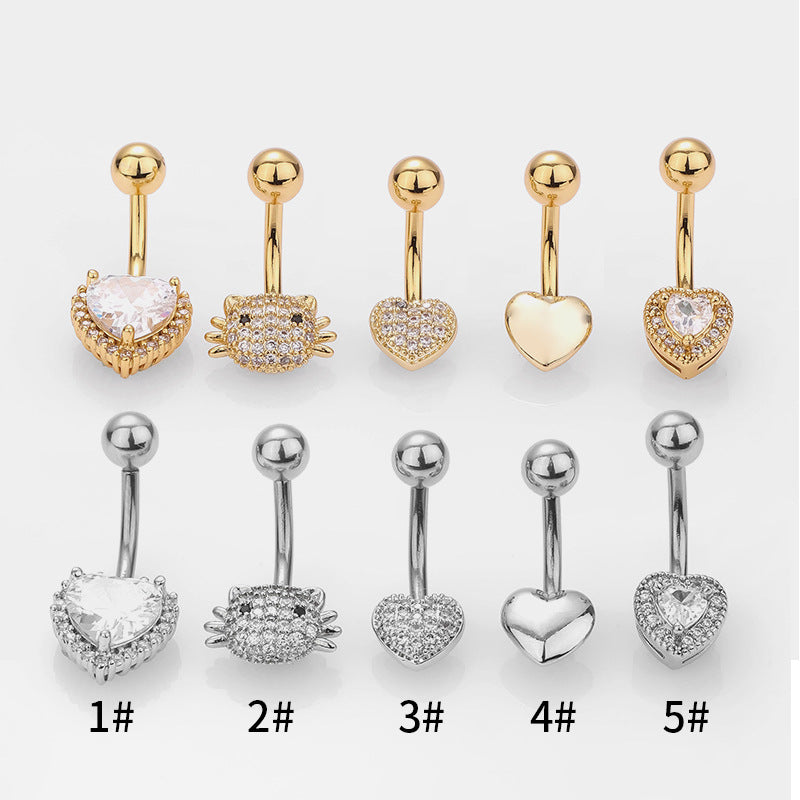 1 Piece Belly Rings Simple Style Classic Style Heart Shape Cat 316L Stainless Steel  Plating Inlay Zircon 14K Gold Plated Belly Rings