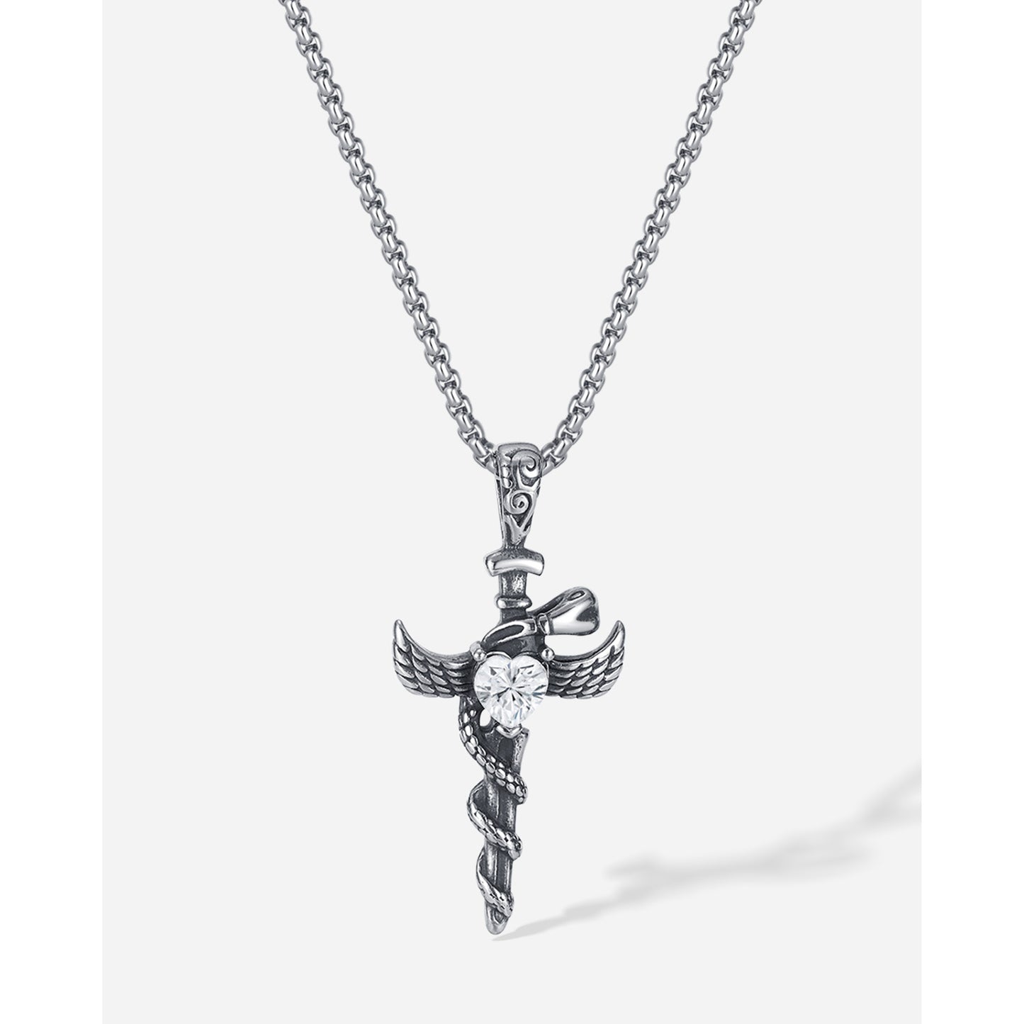 Hip-Hop Vintage Cross Heart Snake Stainless Steel Zircon Men's Pendant Necklace