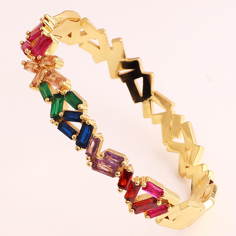 18k Gold Plated Multicolor Star Zircon Bangle and Rainbow Oval Buckle Bracelet for Women