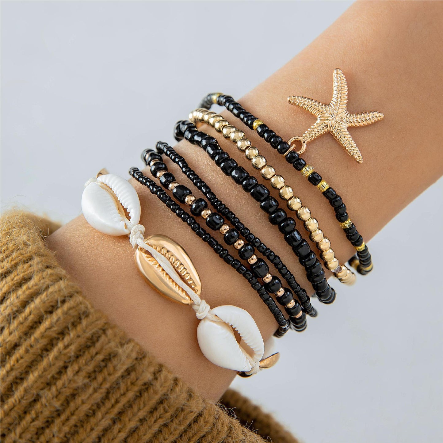 Bohemian Geometric Starfish Shell Beaded Knitting Women's Bracelet Set