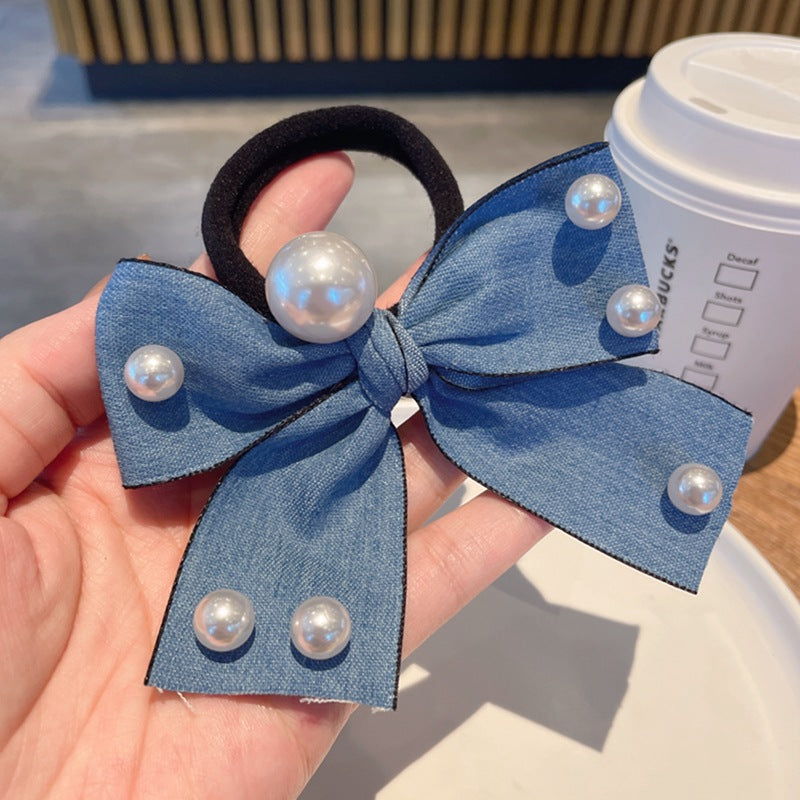 Women's Elegant Denim Blue Bow Beaded Pearl Hair Tie