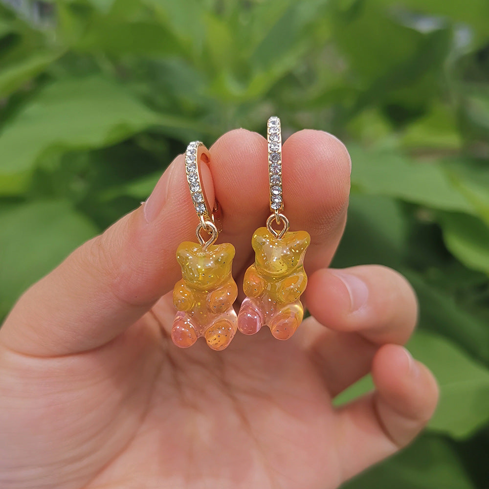 Resin Mini Color Gradient Bear Pendant Earrings