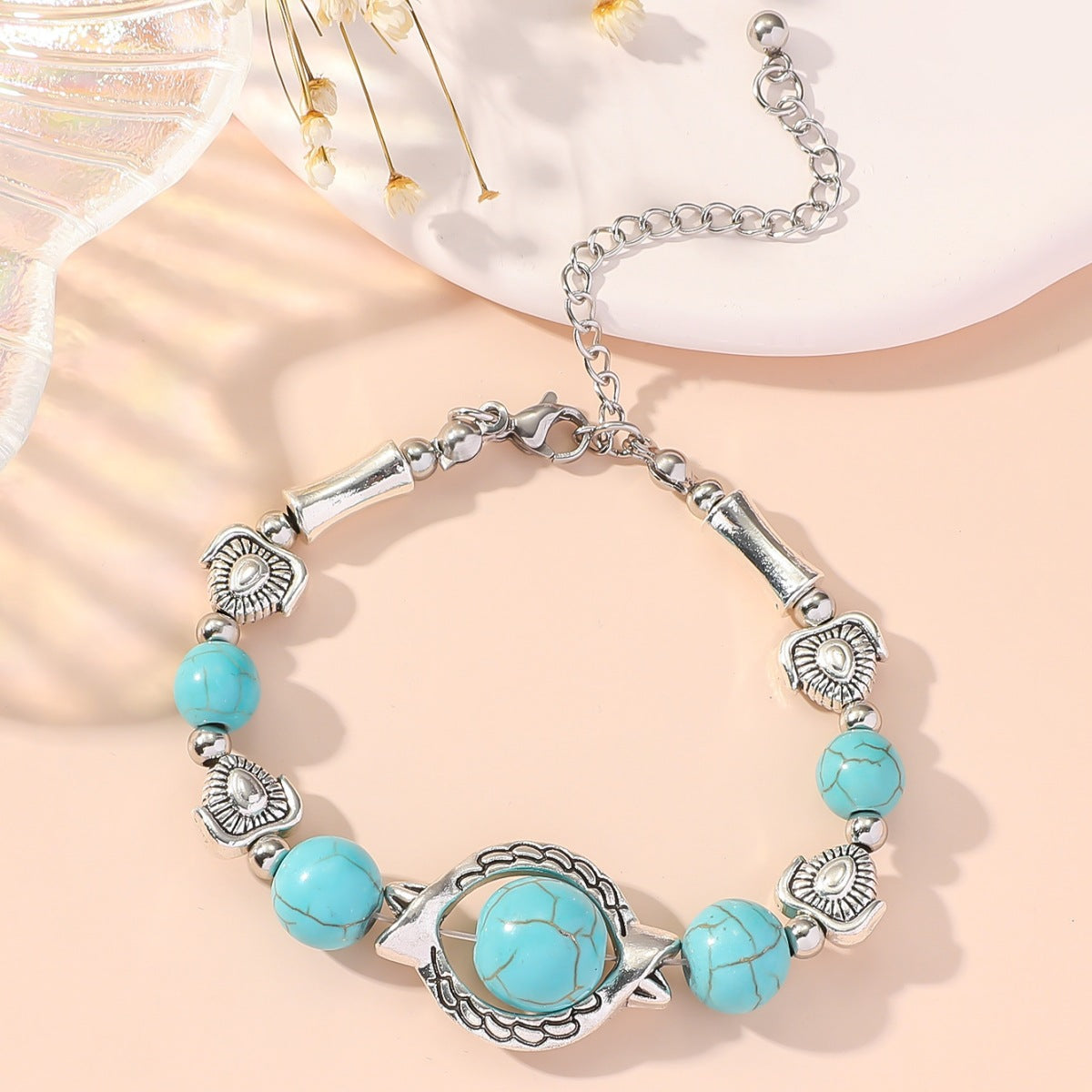 Ethnic Retro Turquoise Beaded Alloy Women's Bracelet Chain