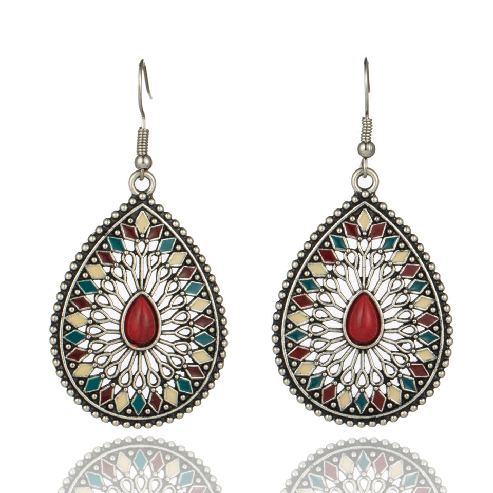 Bohemian Alloy Hollow Drop-shaped Colored Diamond Earrings Wholesale
