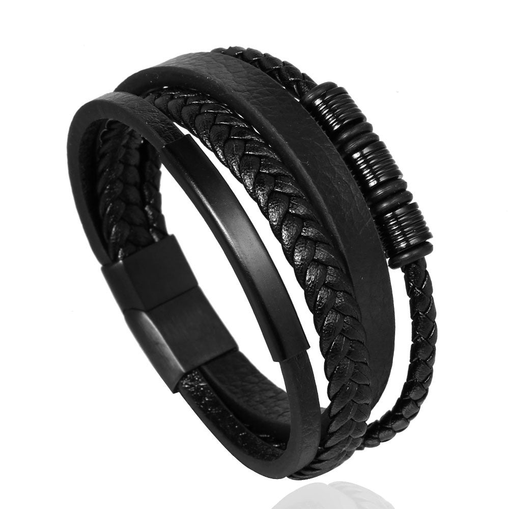 Casual Multi-Layer Braided PU Leather Stainless Steel Men's Bracelet