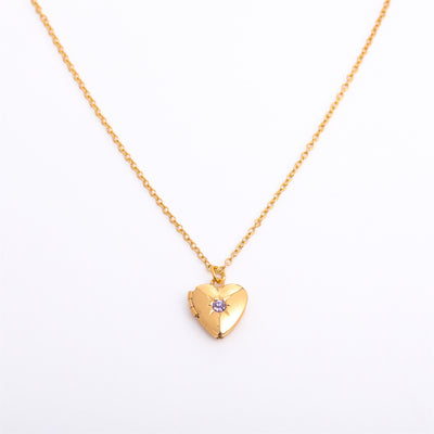 Retro Heart Shape 14k Gold Plated Birthstone Locket Necklace