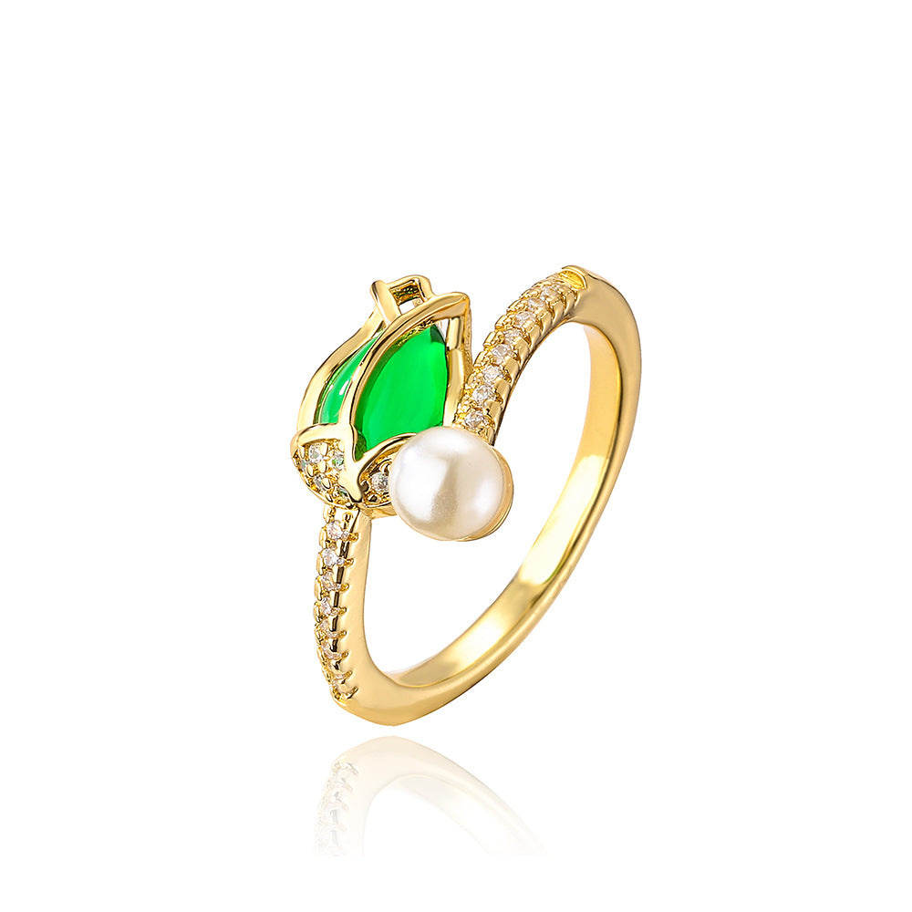 Elegant Geometric Zircon Pearl Open Ring - Gold Plated Copper