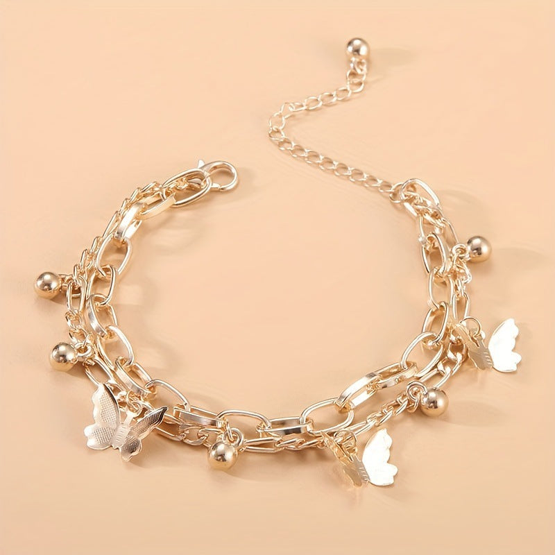 Elegant Butterfly Alloy Double-Layer Tassel Bracelet Set