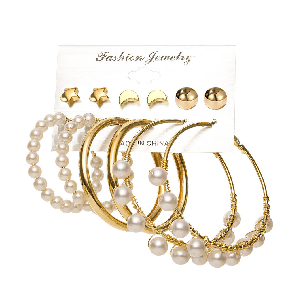 European Love Heart & Pearl Diamond Earring Set - 6 Piece Gold Round Ring Collection