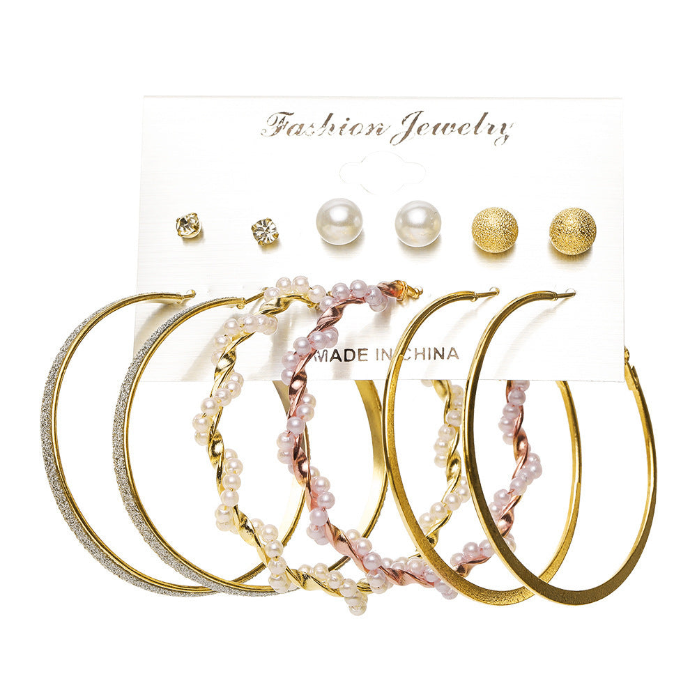 European Love Heart & Pearl Diamond Earring Set - 6 Piece Gold Round Ring Collection