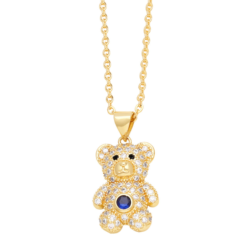 Cute Sweet Little Bear Stainless Steel Copper Plating Inlay Zircon 18K Gold Plated Pendant Necklace Long Necklace