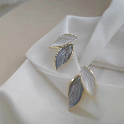 Korean Blue White Leaf Stud Earrings - Elegant Fresh Design