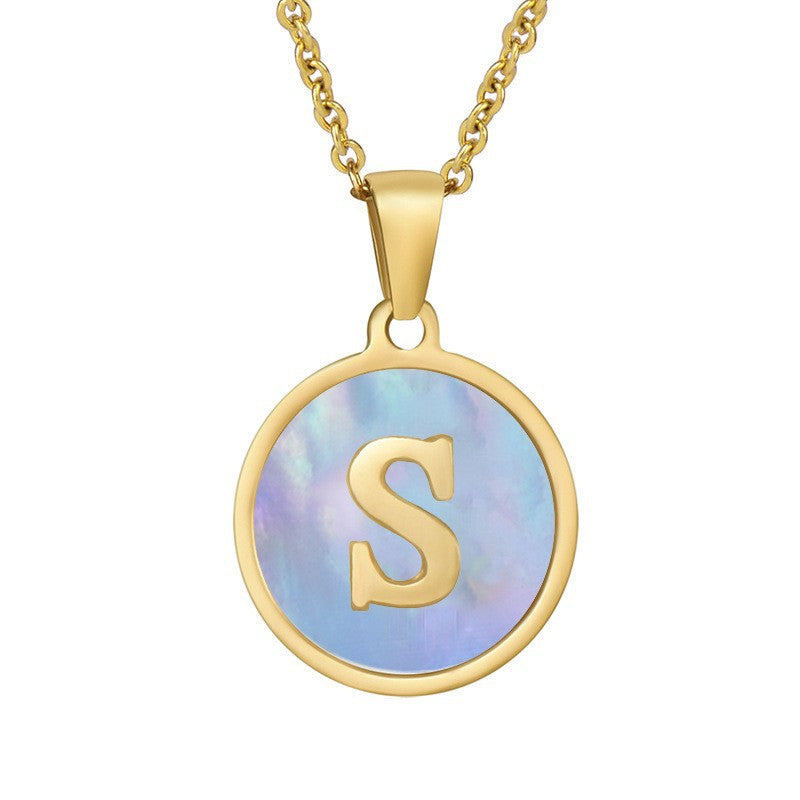 Titanium Steel Blue Shell Initial Pendant Necklace