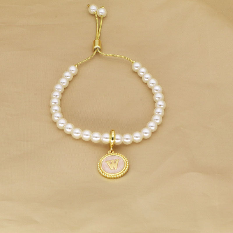 18K Gold Plated Adjustable Letter Pendant Imitation Pearl Bracelet