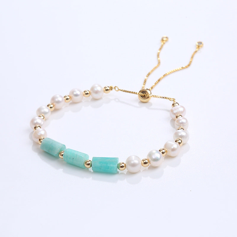 Aqua Blue Natural Stone Beaded Bracelet with Pearl and Zircon Accents