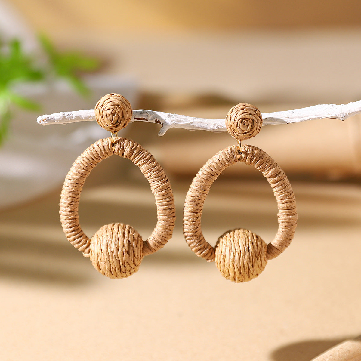 Bohemian Rattan Circle Braid Straw Drop Earrings for Vacation