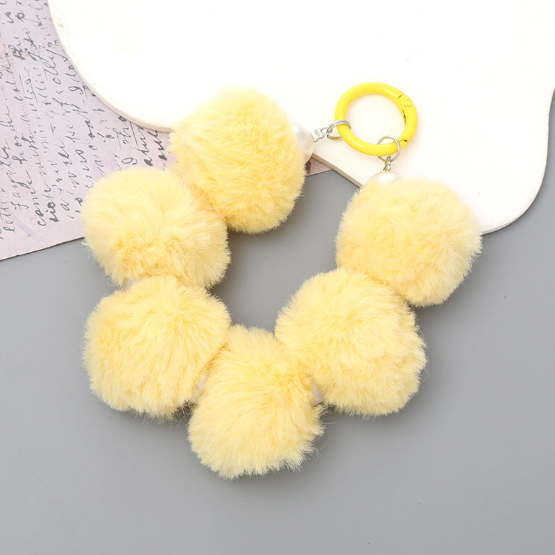 Sweet Flower Beaded Fur Ball Keychain and Phone Charm Bracelet