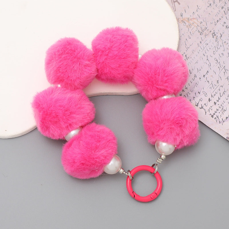 Sweet Flower Beaded Fur Ball Keychain and Phone Charm Bracelet