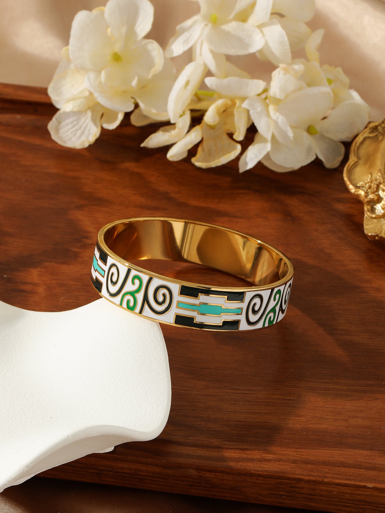 Bohemian Retro Geometric Enamel 18K Gold Plated Stainless Steel Bangle Bracelet