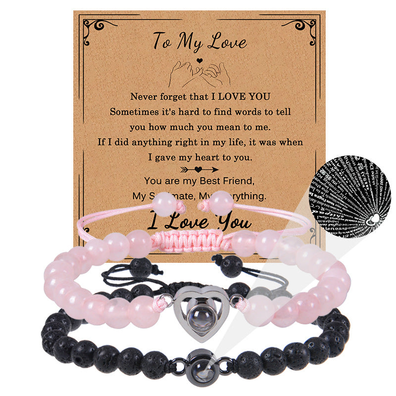 Romantic Heart Shape Natural Stone Projection Bracelets with 100 Languages Card Gift Set