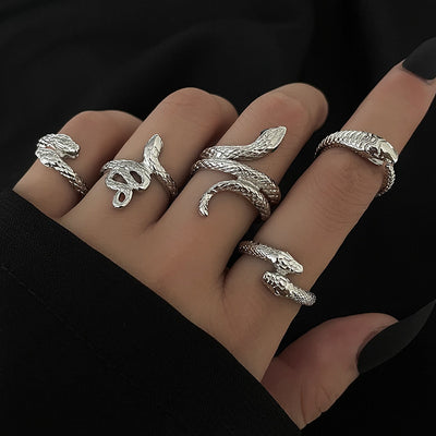 Vintage Style Geometric Snake Ring Set - Unisex Alloy Design