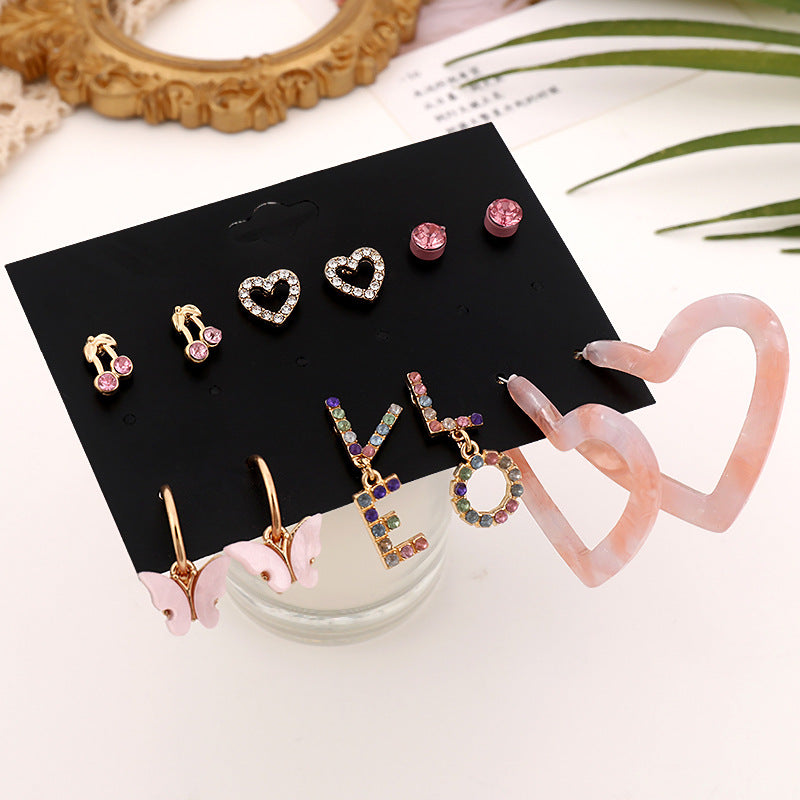 Fashion Heart Butterfly Rhinestone Inlay Earrings Set