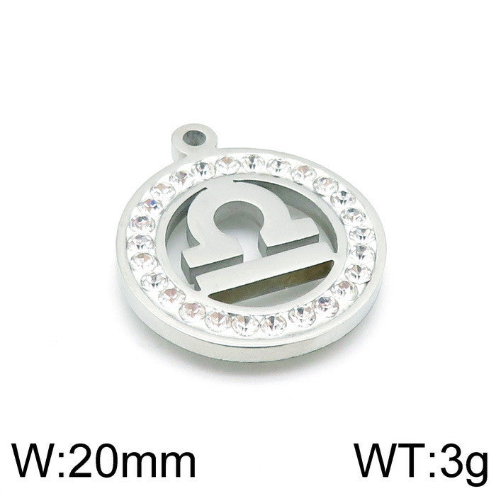 Classic Stainless Steel Zodiac Constellation Pendant Necklace with Rhinestone Inlay