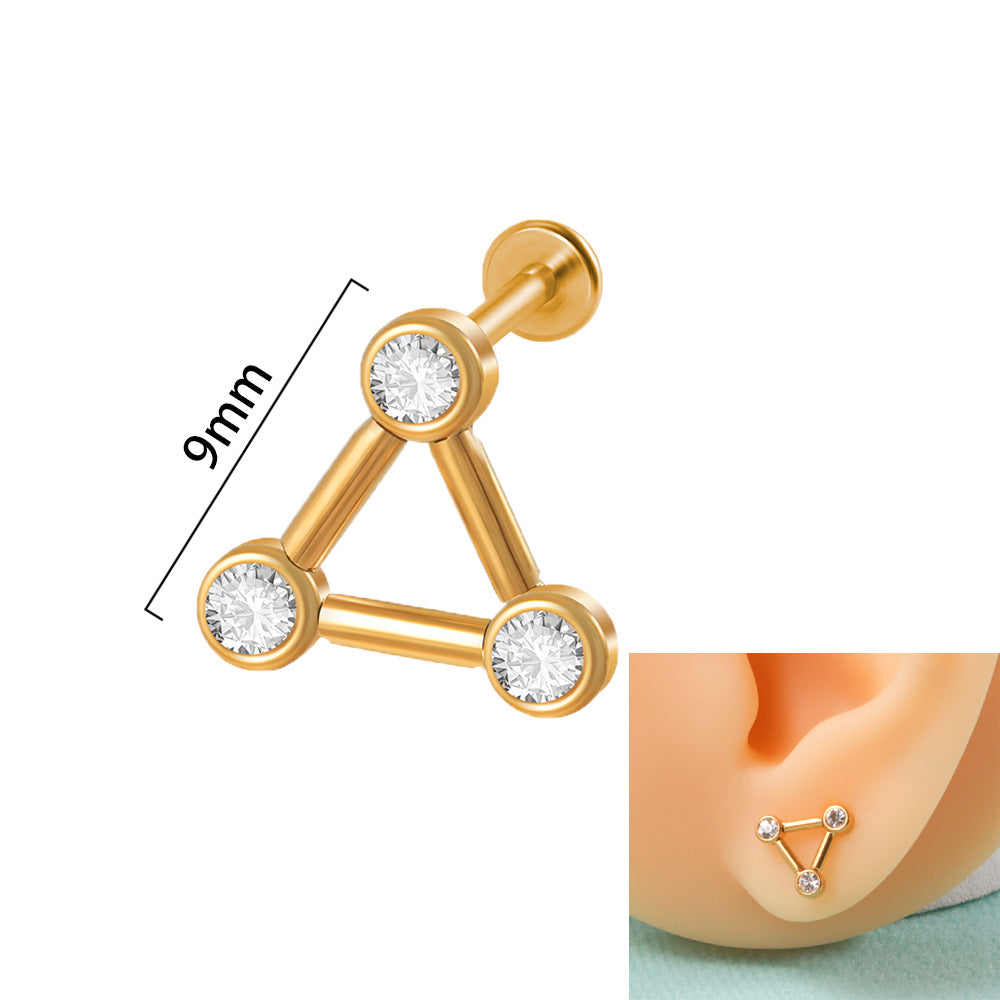 18K Gold Plated Geometric Stainless Steel Lip and Ear Stud Set with Rhinestones