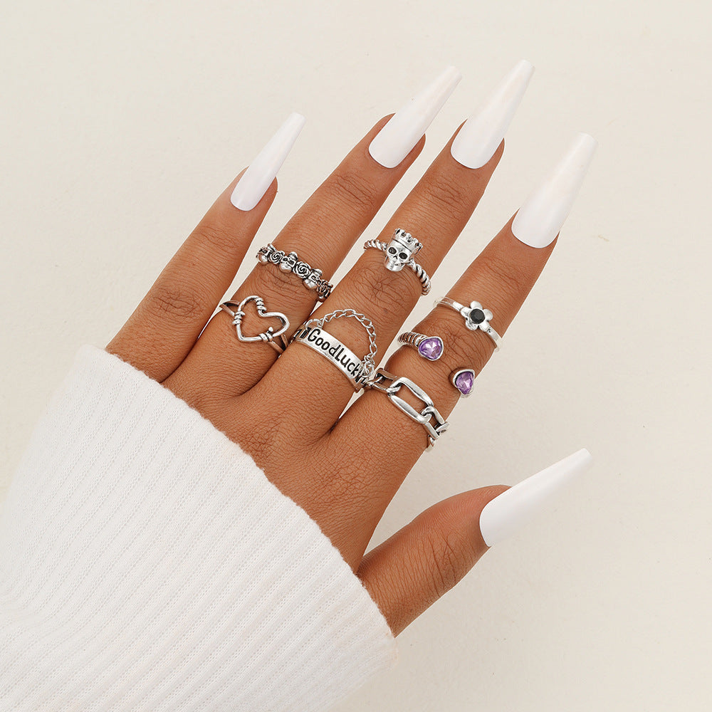 Y2K Punk Alloy Open Rings Set with Heart, Skull, Rose, and Letter Designs