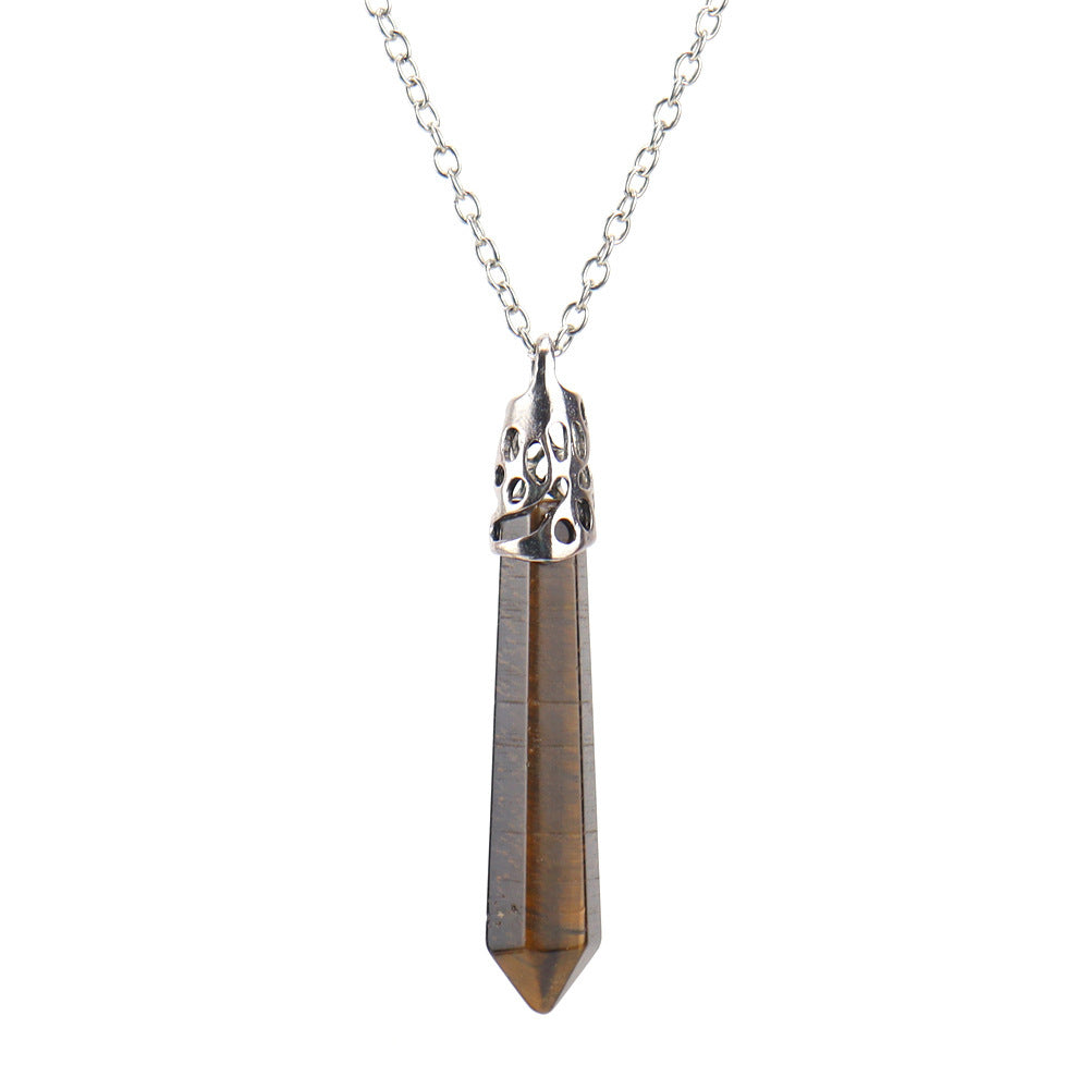 Ethnic Geometric Stainless Steel Natural Stone Crystal Pendant Necklace