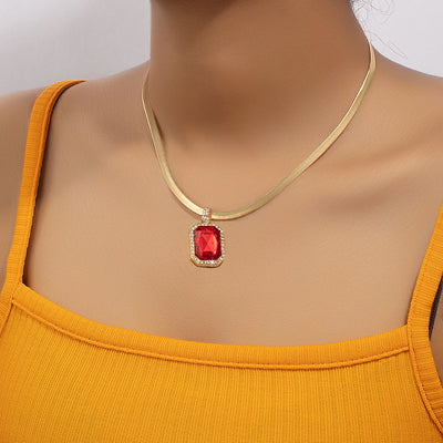 Retro Rectangle Gemstone Inlay Rhinestone Pendant Necklace for Women