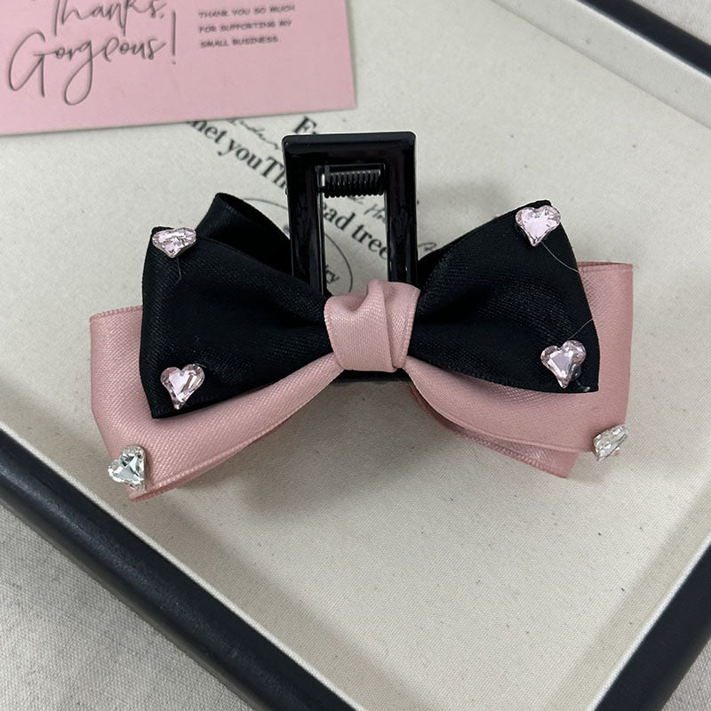 Sweet Rhinestone Bow Hair Claw Clip - Pink & Black Hair Accessory