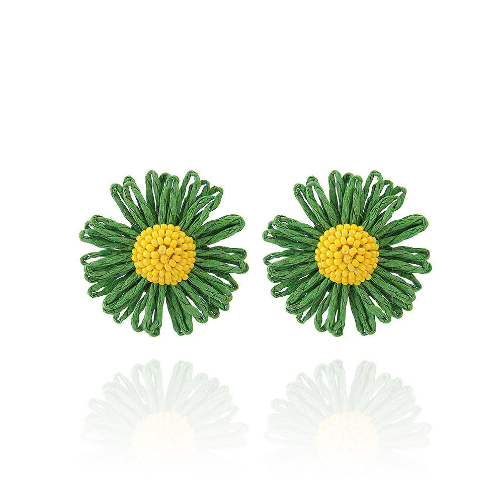 1 Pair Cute Daisy Raffia Flower Drop Earrings for Summer Beach Style