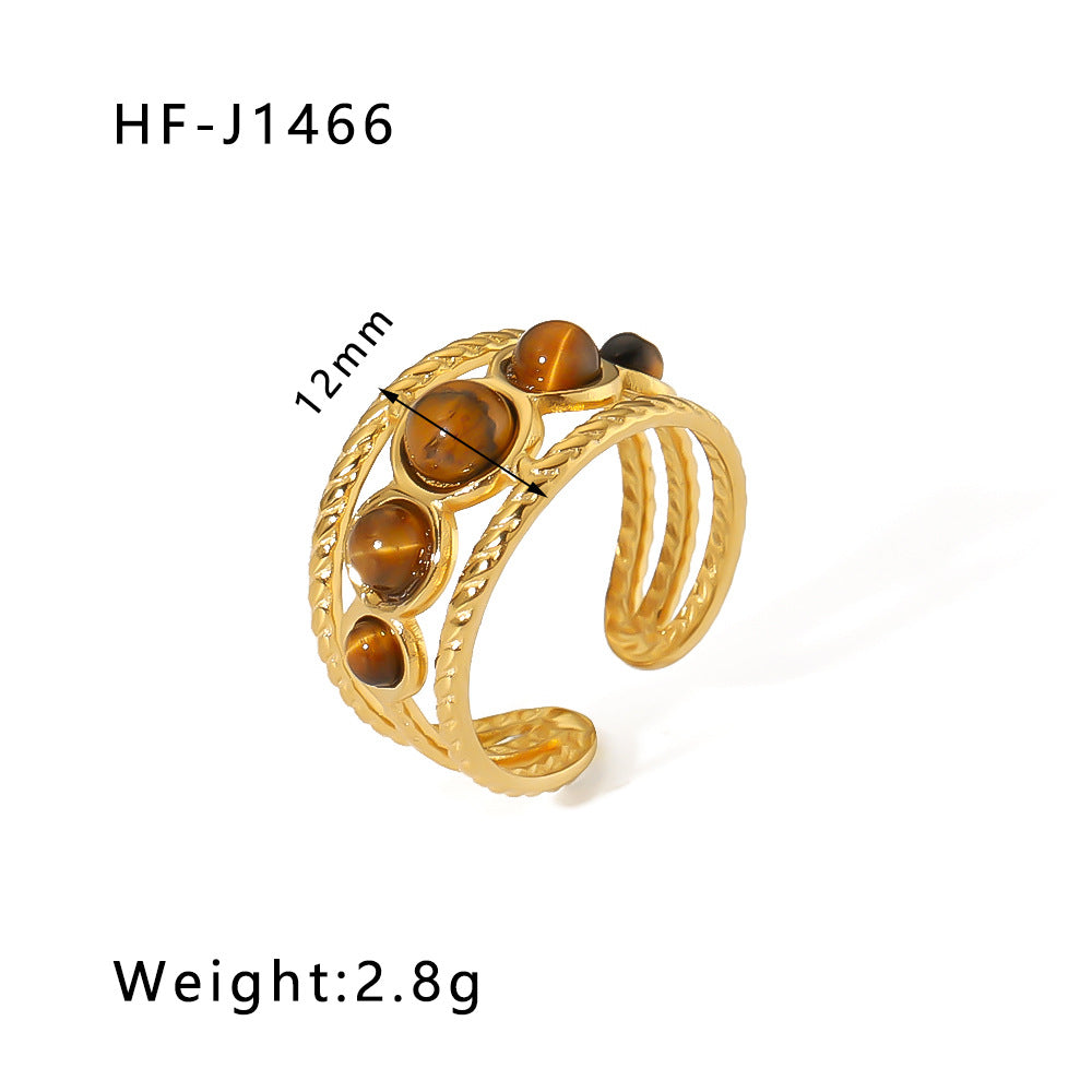 Basic Vintage Style Round Stainless Steel Plating Inlay Natural Stone 18K Gold Plated Open Rings