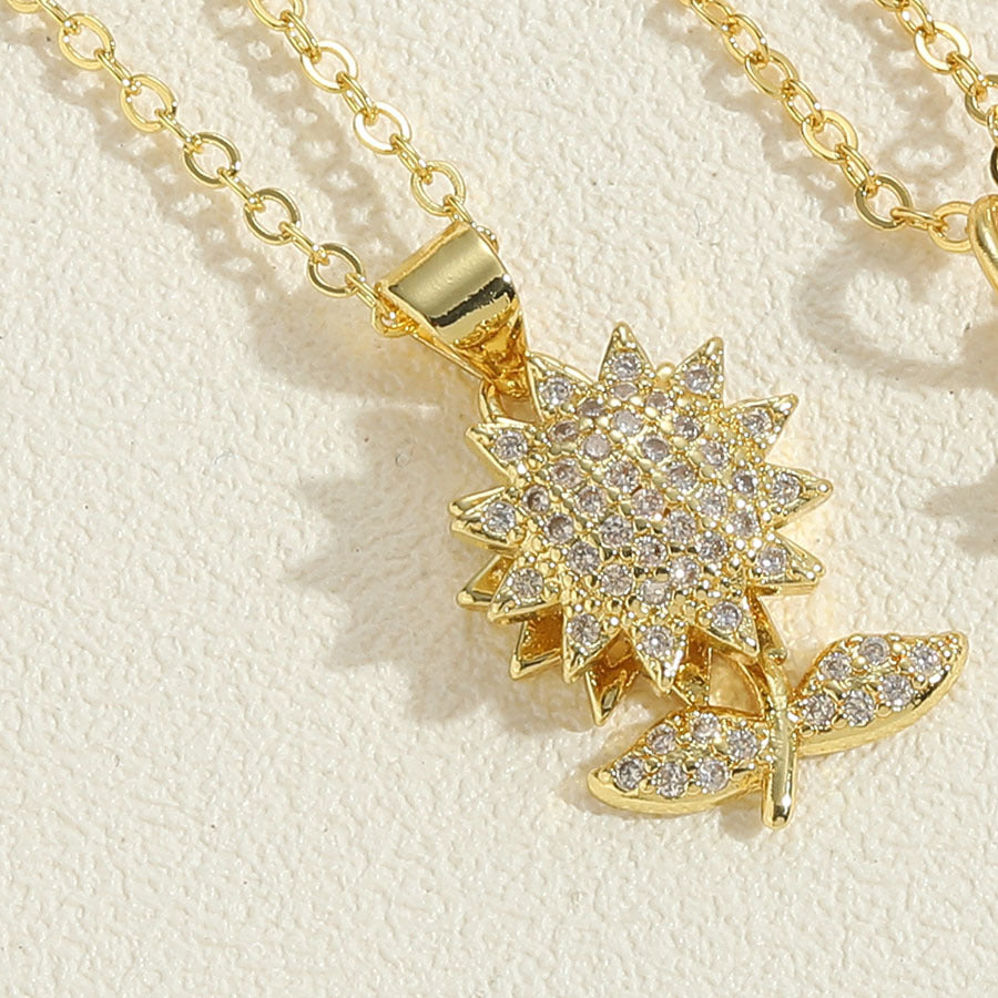 Elegant Sunflower Zircon Key Pendant Necklace 14k Gold Plated for Women