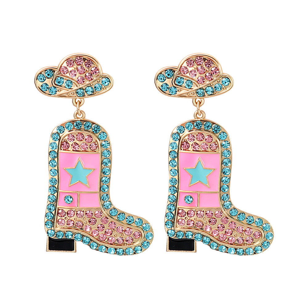 Western Cowboy Hat & Boot Rhinestone Pearl Drop Earrings for Women