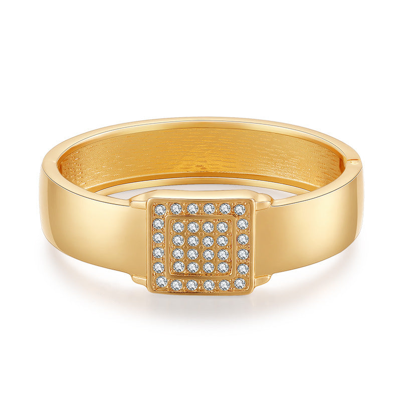 Simple Square Alloy Rhinestone Inlay Open Bangle Bracelet