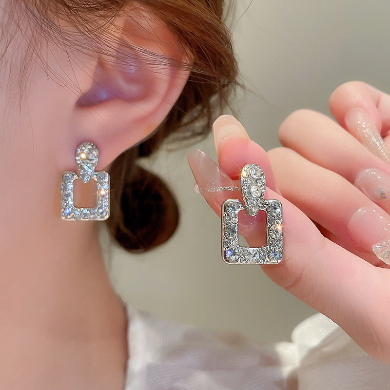 Elegant Rhinestone Flower Drop Earrings - Square Stud Design