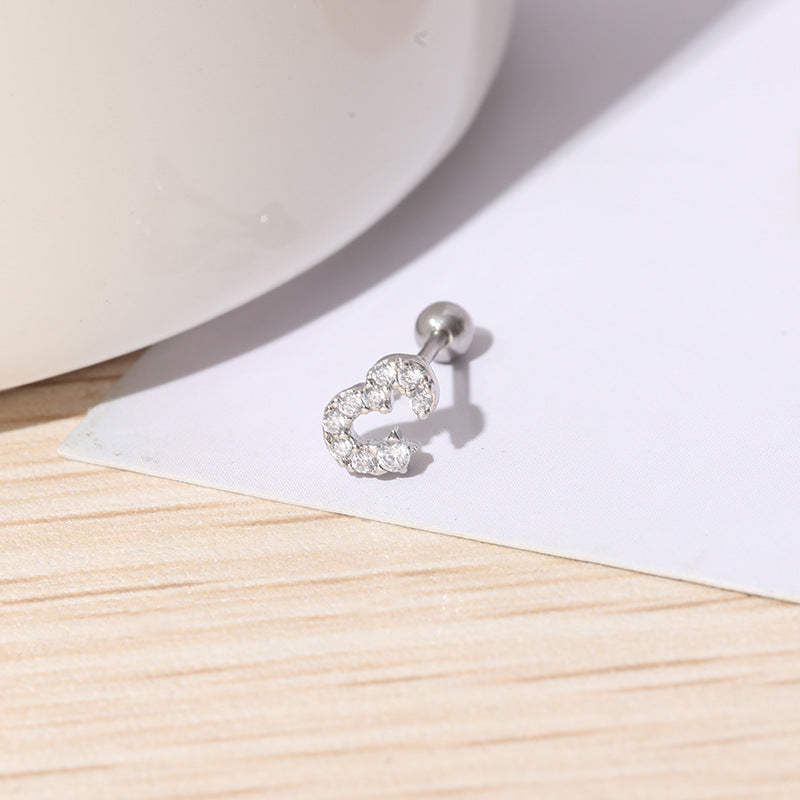 IG Style Shiny Letter Zircon Inlay Stainless Steel Cartilage Stud Earrings with Threaded Screw Closure