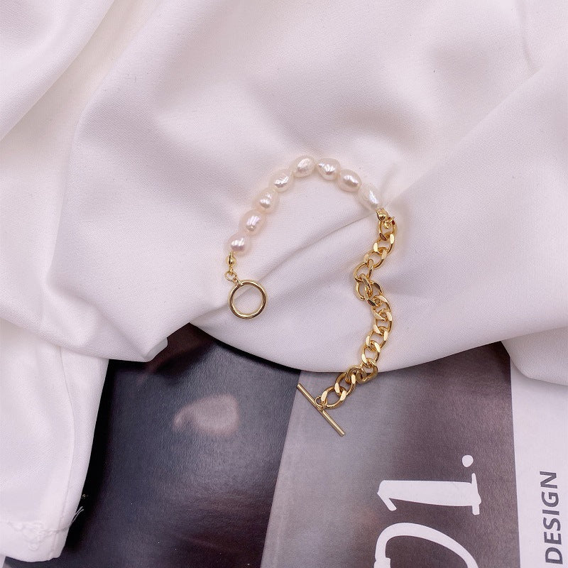 Simple Half Pearl Metal Splicing Chain Stainless Steel Necklace