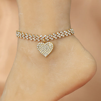 Heart Shape Rhinestone Pendant Anklet - Fashion Beach Jewelry