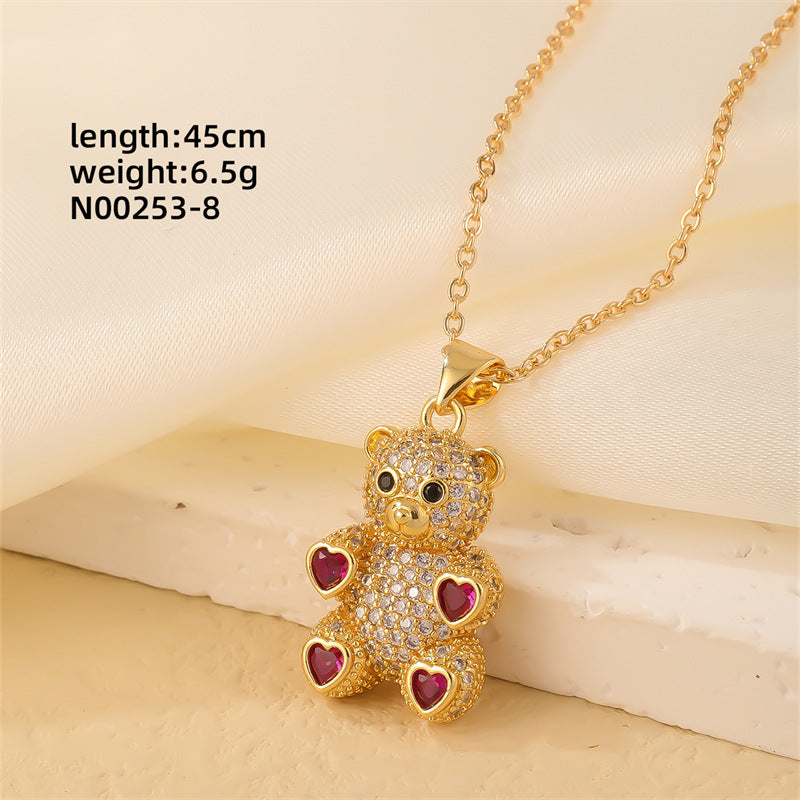 Cute Bear Zircon Pendant Necklace - Gold Plated Stainless Steel