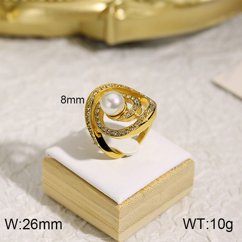 Elegant Retro Geometric Titanium Steel Pearl Rhinestone 18K Gold Plated Rings